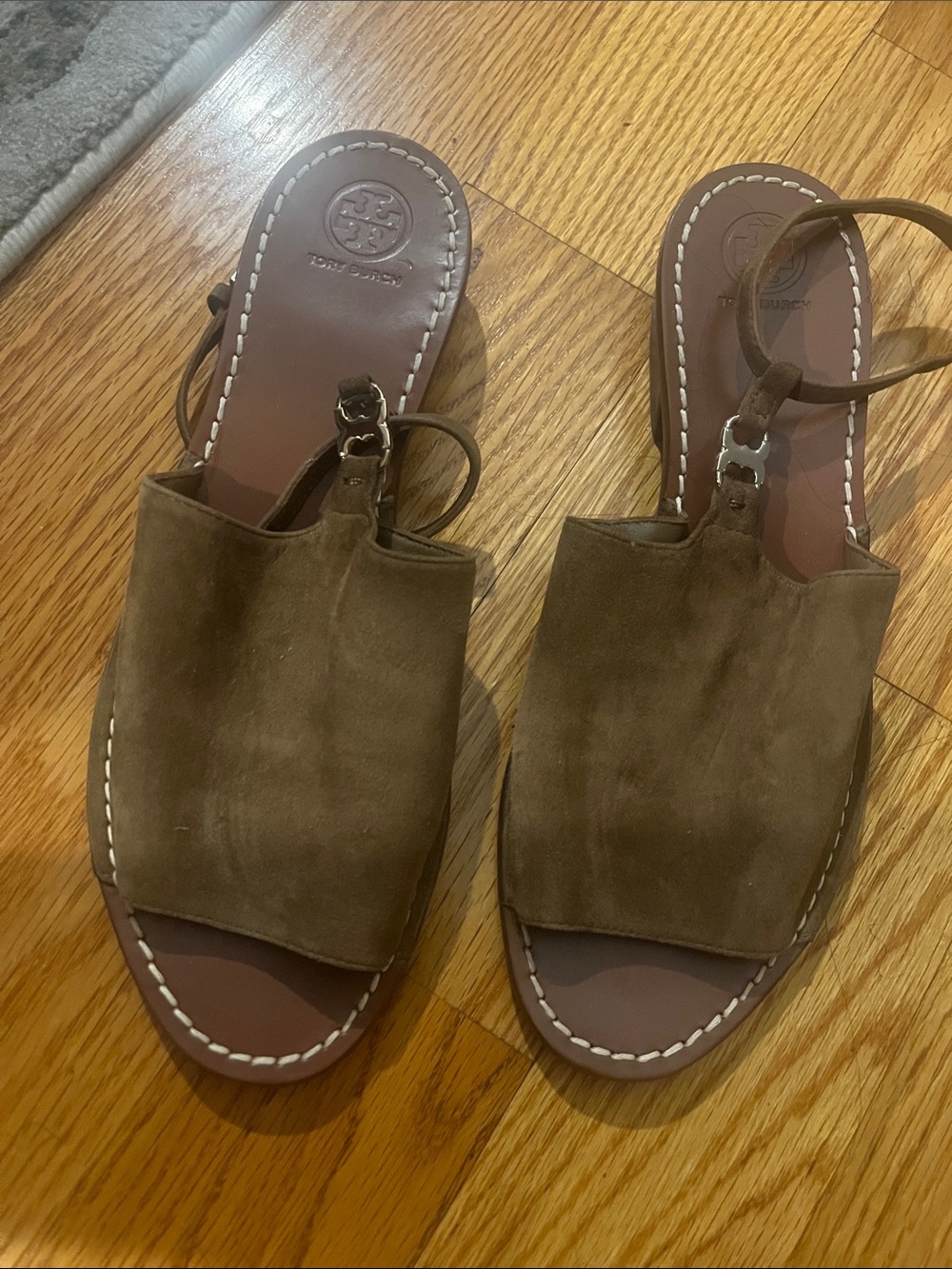 Tory Burch Olive Brown Suede Slide Sandals